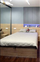 (1104) Кровать с подъемным механизмом и шкафами за изголовьем, цвет "Дуб Бардолино натуральный" / "Серый пыльный"